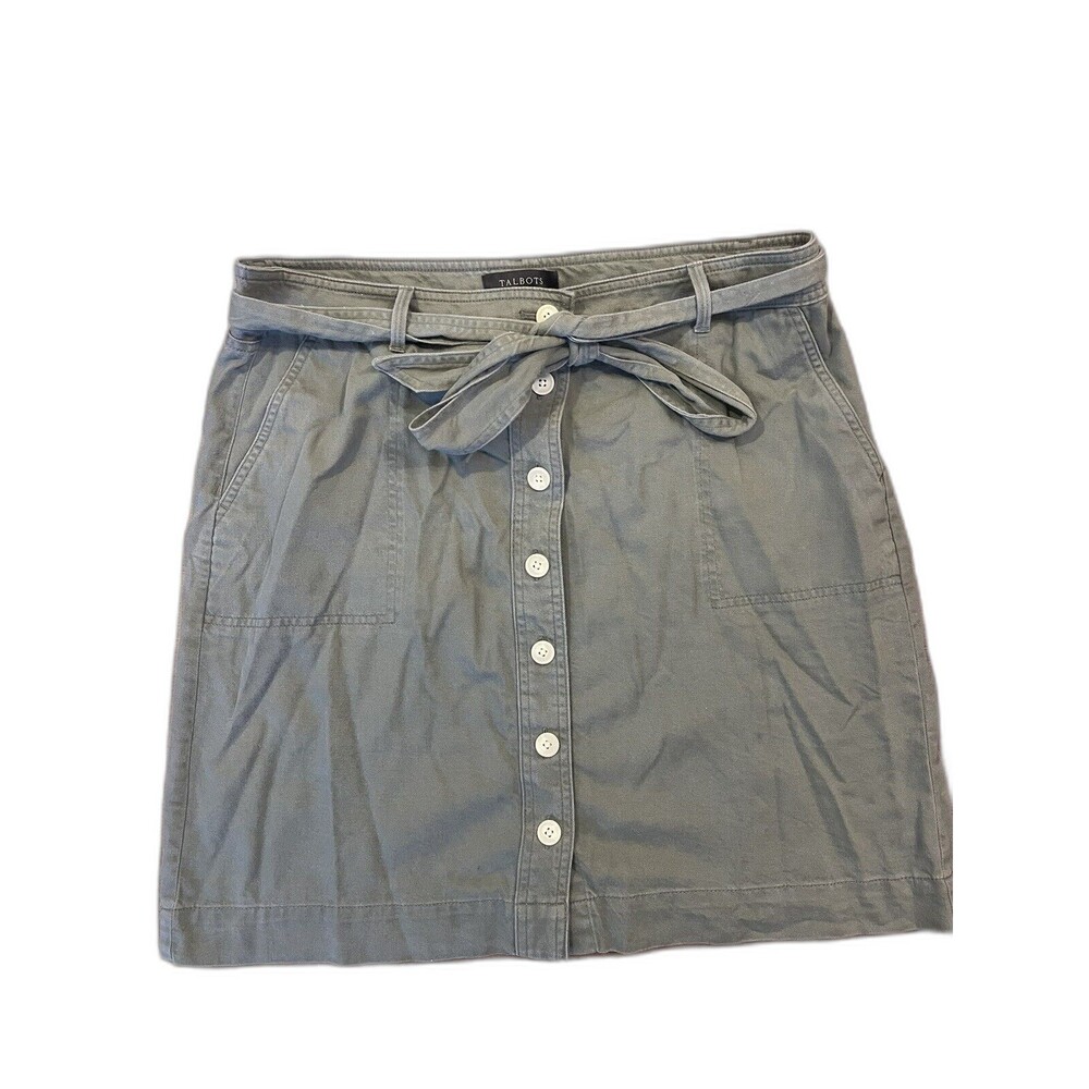Talbots 14P Mini Skirt Cotton A-Line Button Down Olive Green Tie Waist Neutral